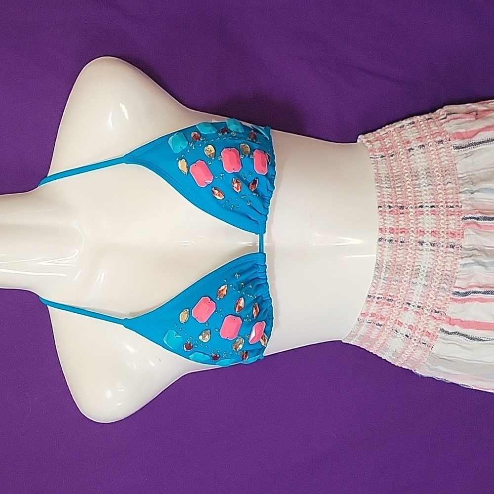 Xhilaration boho blue bikini top with pink blue gems and beads